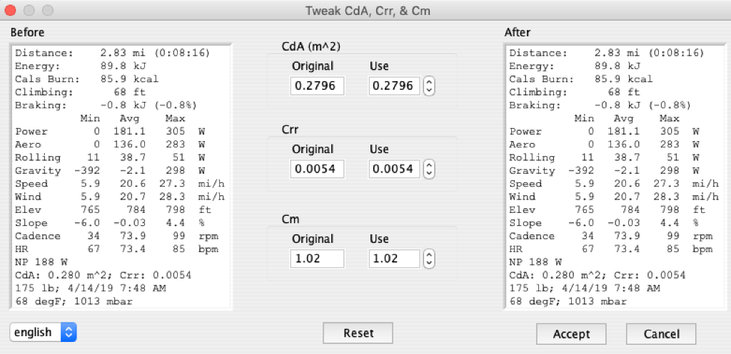 Analyze CdA window, CdA = 0.2796