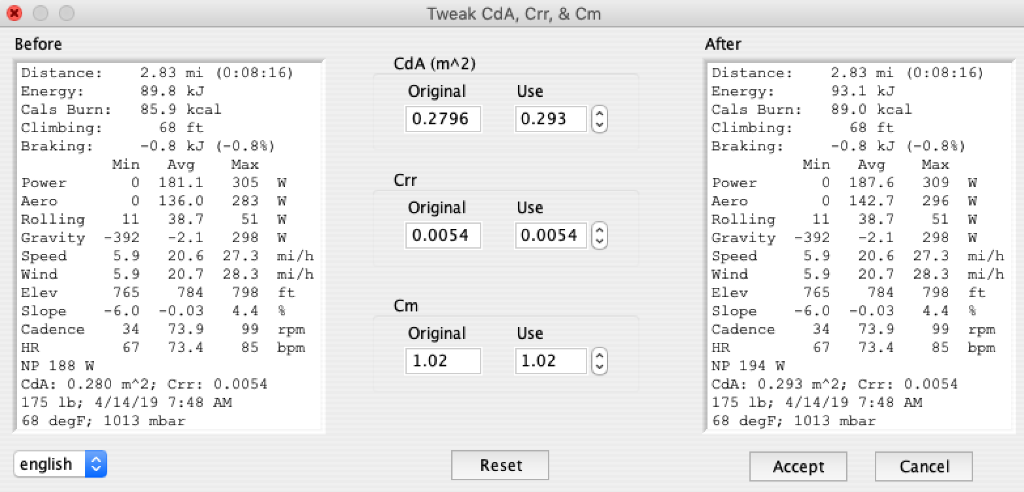 Analyze CdA, CdA = 0.293