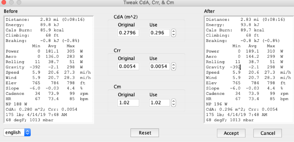 AP watts, CdA = 0.296